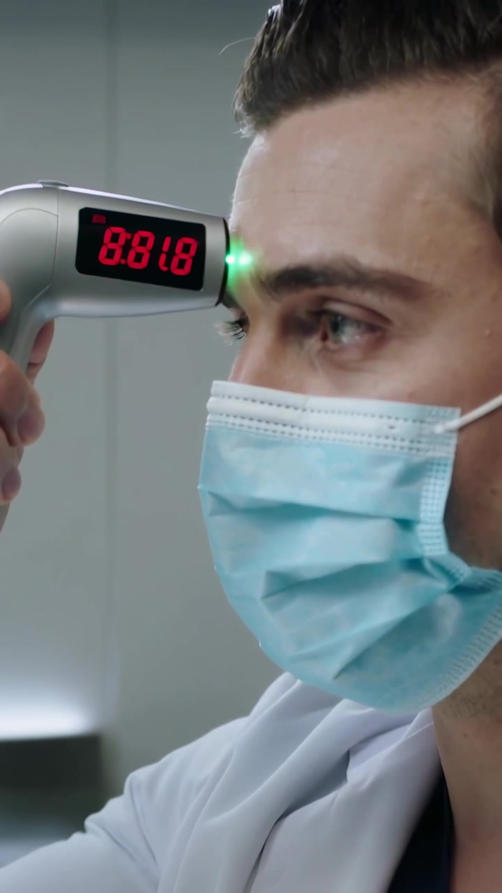 Video verticale: Medico che alza un termometro frontale per controllare la temperatura in clinica, con mascherina e camice da laboratorio.
