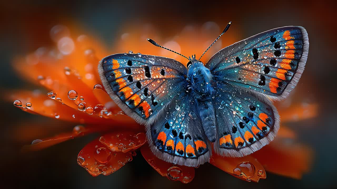 A Stunning Close-Up of a Colorful Butterfly Perched on an Orange Flower, Adorned with Glistening Dew Drops, Showcasing Nature's Incredible Beauty
