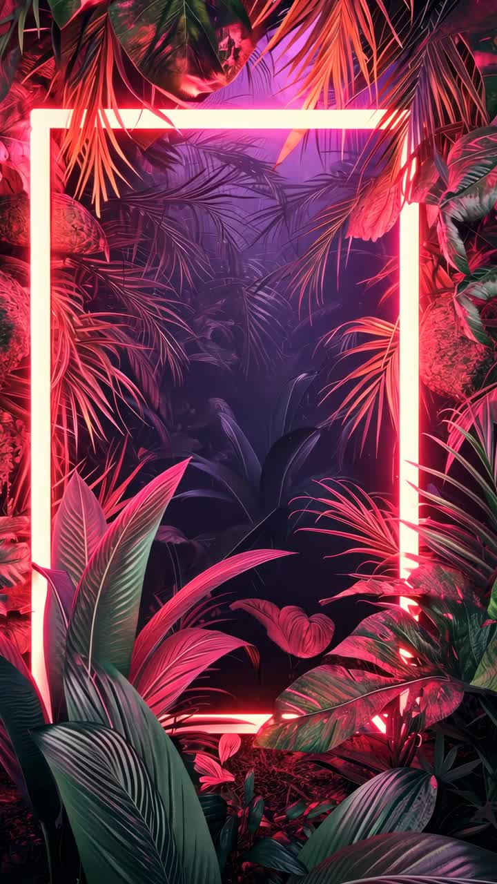 A neon-lit rectangular frame amidst lush tropical foliage, captured from a front angle
