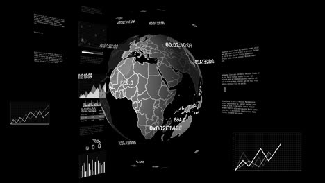 animación del procesamiento de datos financieros y globo sobre fondo negro.