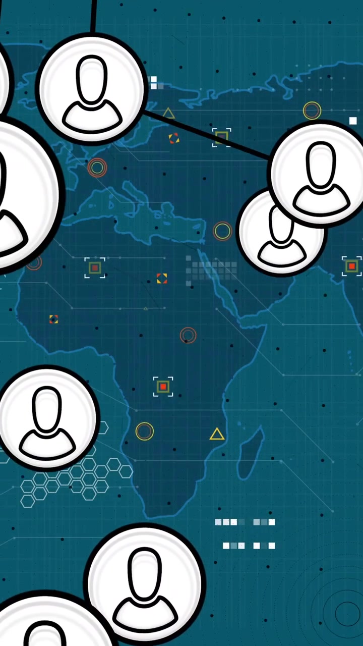 Animation of connected icons over circuit board pattern and shape on map against blue background