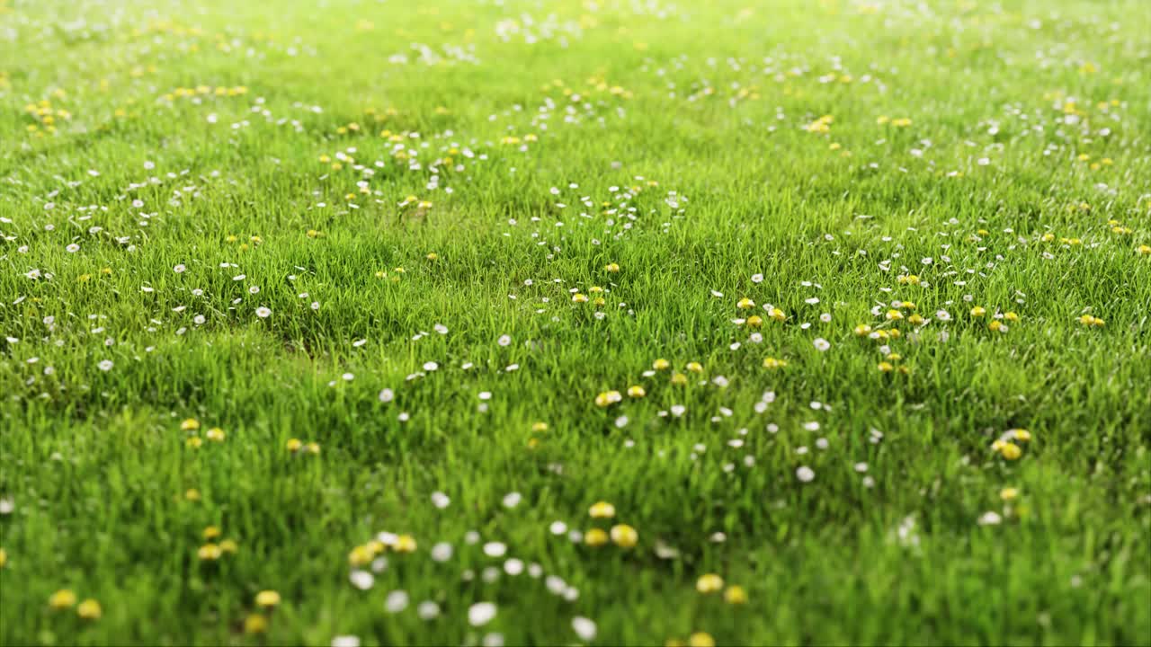 Erba verde e fiori selvatici che ondeggiano con una leggera brezza.
