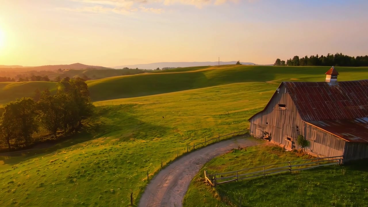Aerial View of a Rustic Barn on a Rolling Green Hill at Sunset