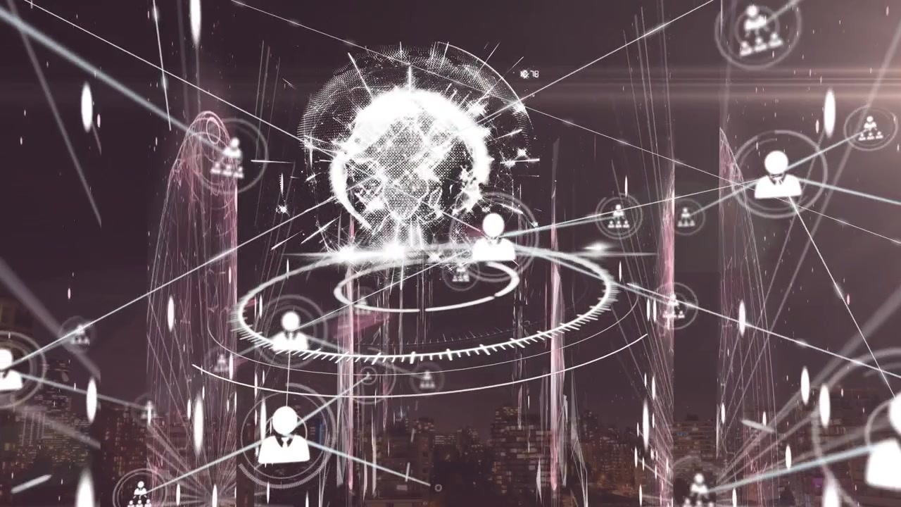 Animation of global network and data exchanging between people icons on black background