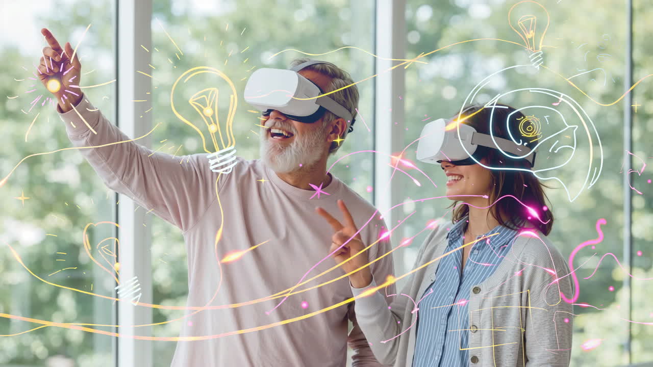 Lidé s VR headsety prožívající svět virtuální reality s digitálními žárovkami a kreativními nápady