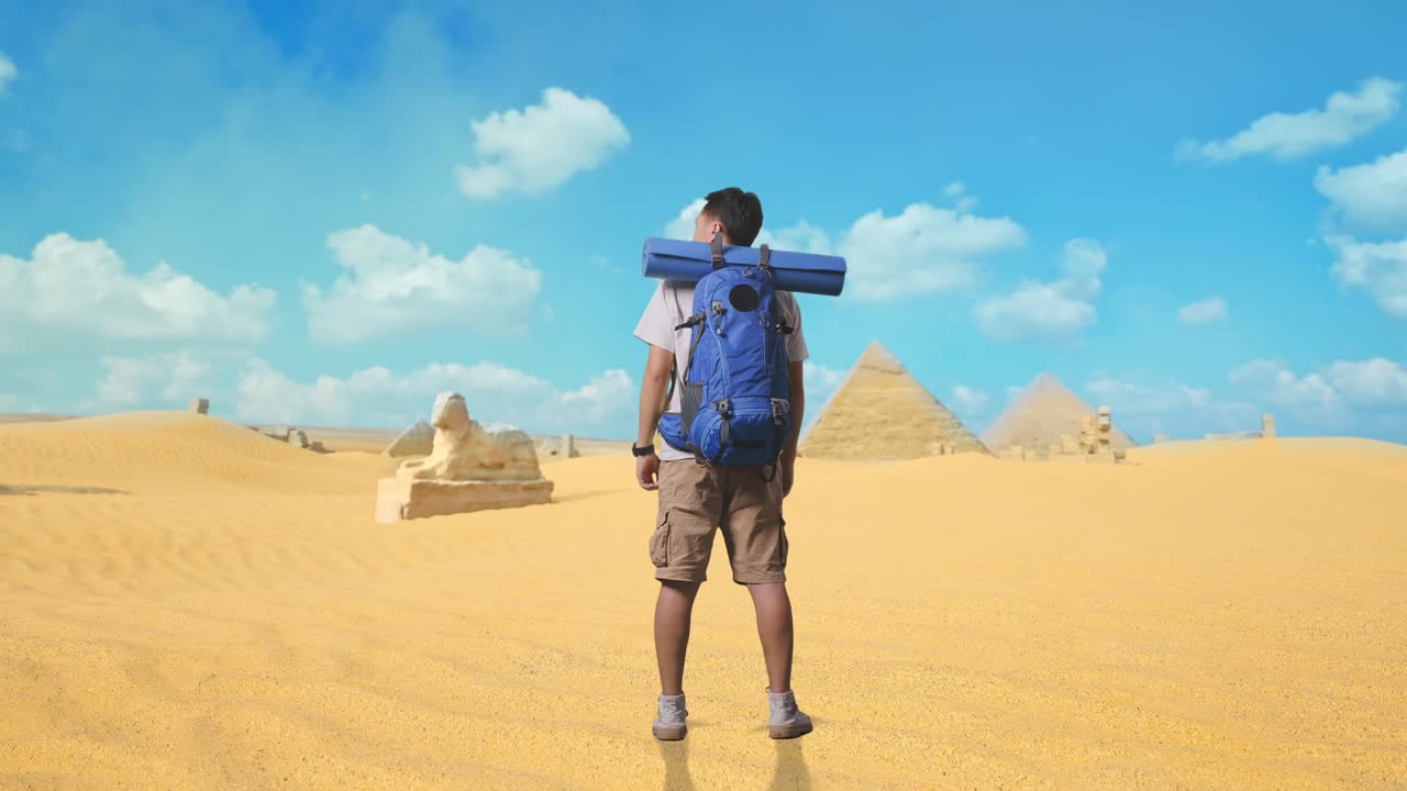 Traveler standing in front of ancient pyramids in the desert