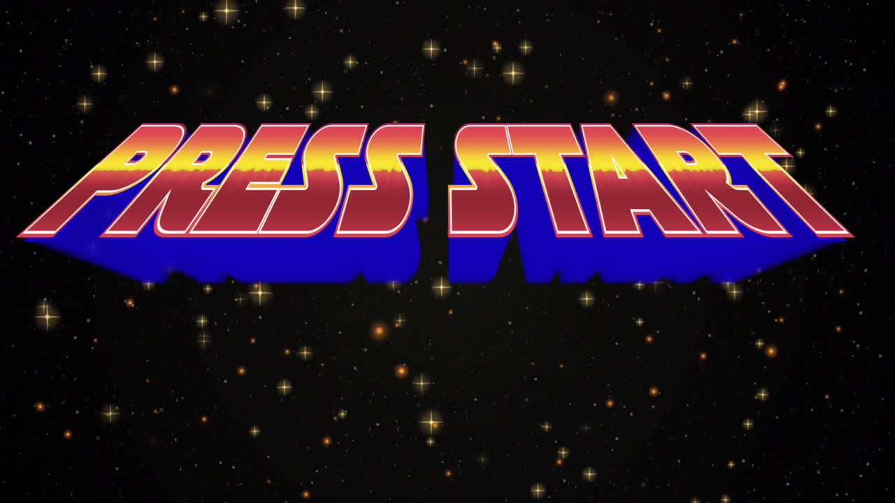Bold, colorful Press Start text over starry space animation background