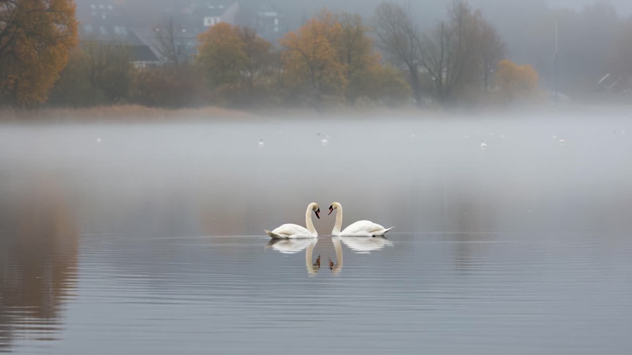 Elegant Swans Forming a Heart Shape in a Serene Misty Lake Surrounded by Autumn Colors and Soft Reflections on a Tranquil Morning