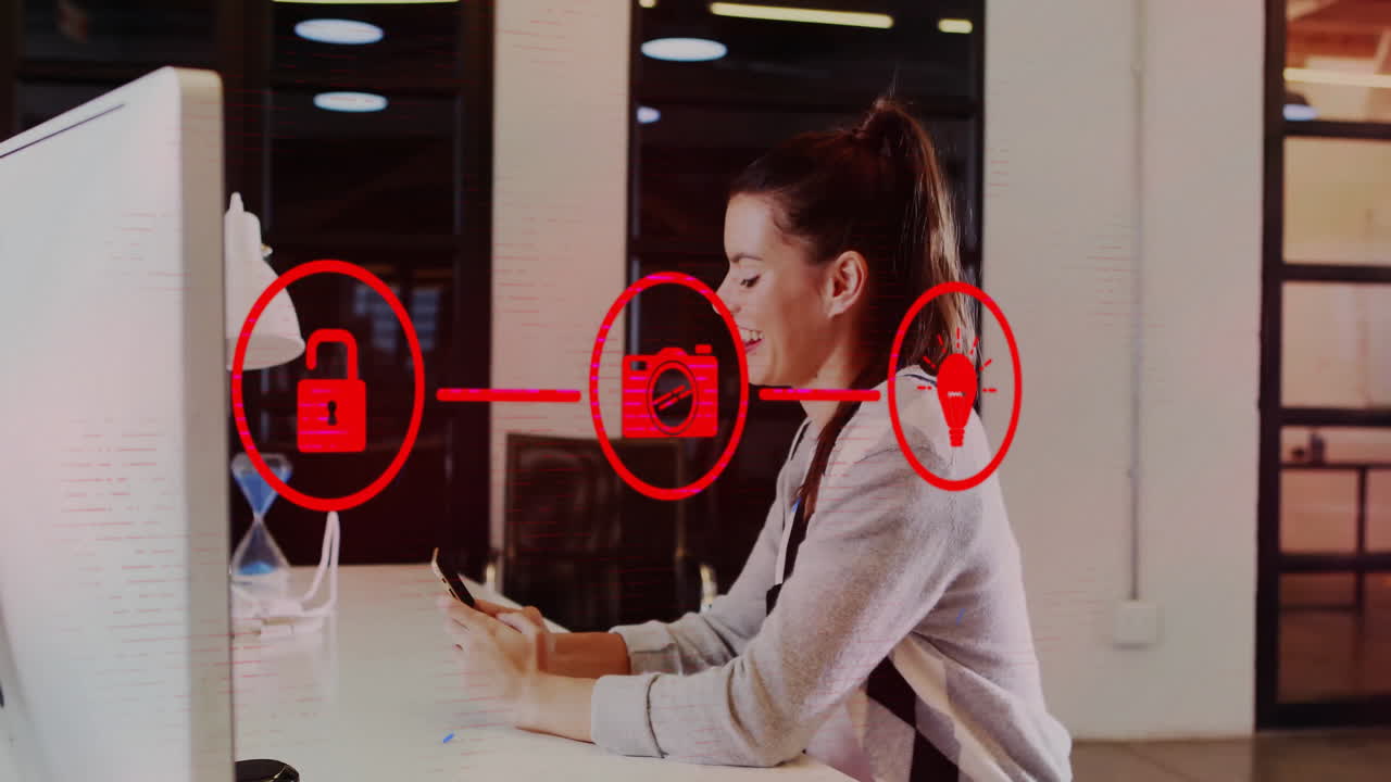 デジタルアイコンのネットワークのアニメーション スマートフォンを使用する白人のビジネスウーマン