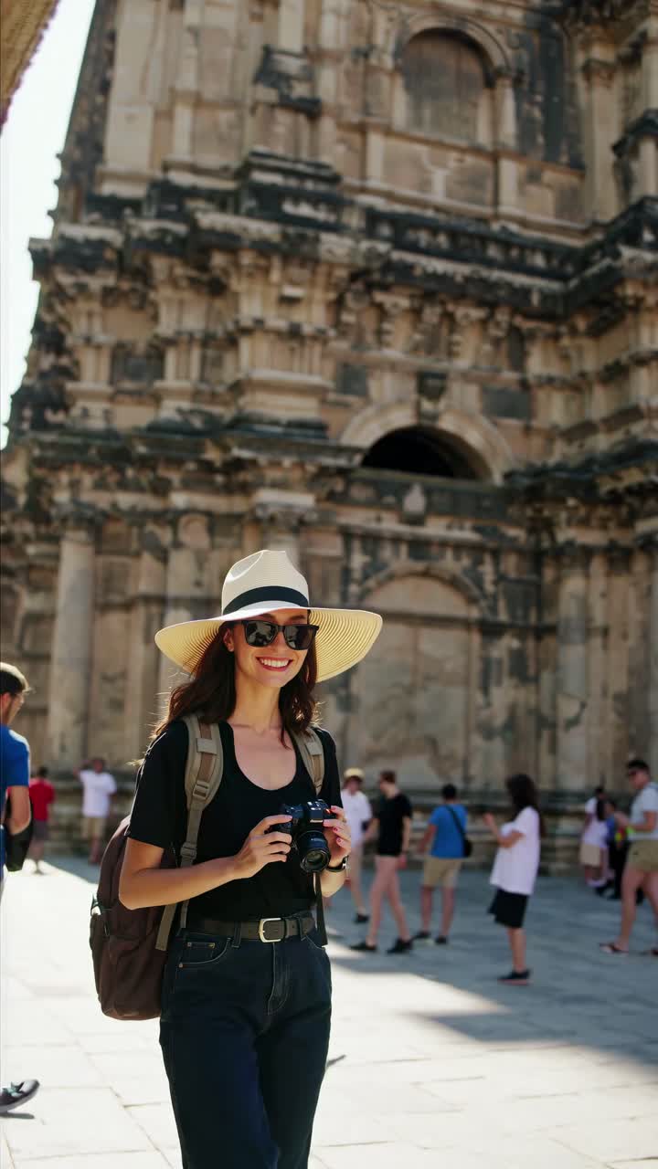 A cheerful traveler with a camera in hand, wearing a hat and sunglasses, stands in front