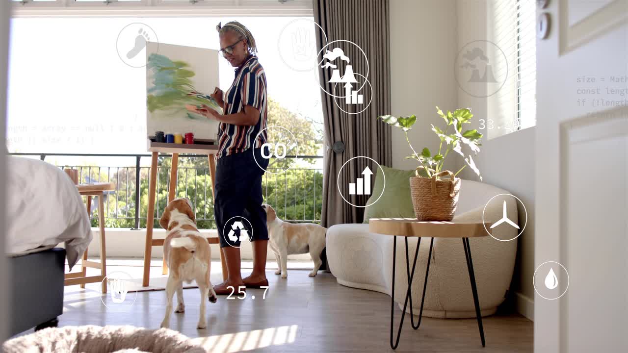 Woman painter adjusting palette, adding green strokes, refining art with CO2 charts over canvas