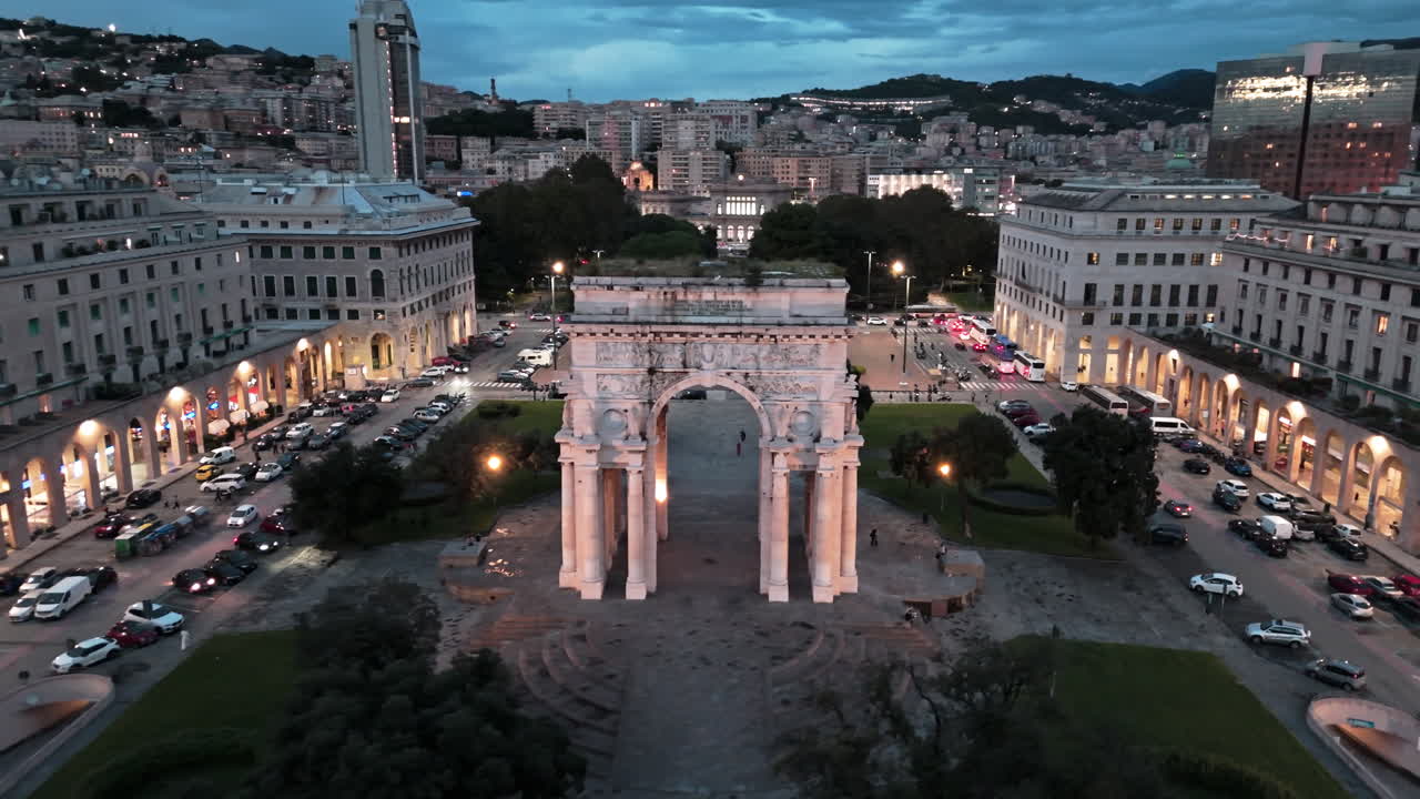 Aerial View of Porta dei Vacca in Genoa, Italy at Night