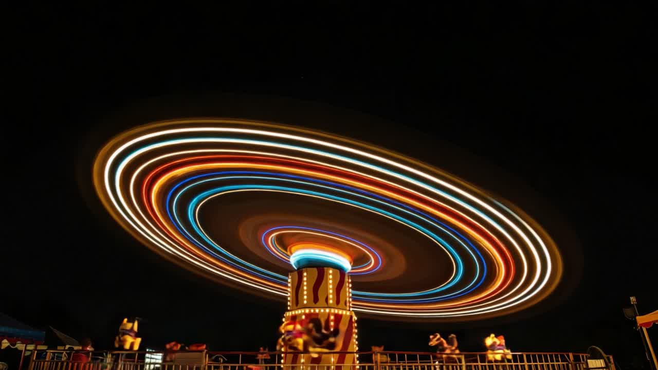 Colorful Spinning Ride Lights Up the Night Sky, Creating a Mesmerizing Display of Motion and Vibrant Illumination at a Festive Event
