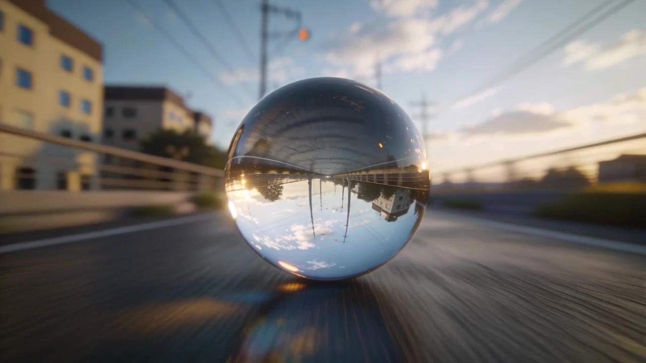 Sfera di vetro che rotola lungo un ponte in discesa, rivelando guardrail, edifici e cielo capovolti.