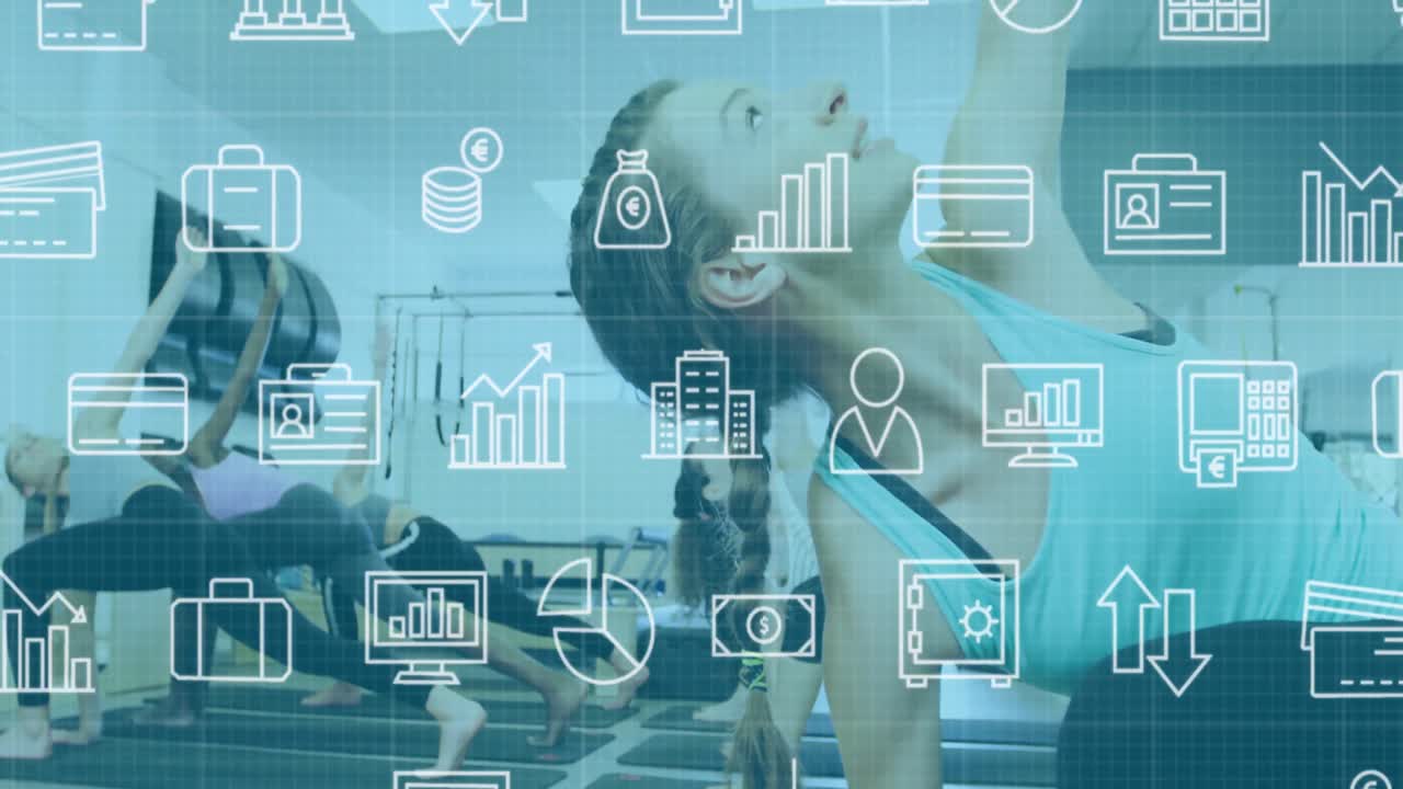 다양한 인스트럭터가 스튜디오에서 여성들에게 요가를 가르치는 컴퓨터 아이콘의 애니메이션