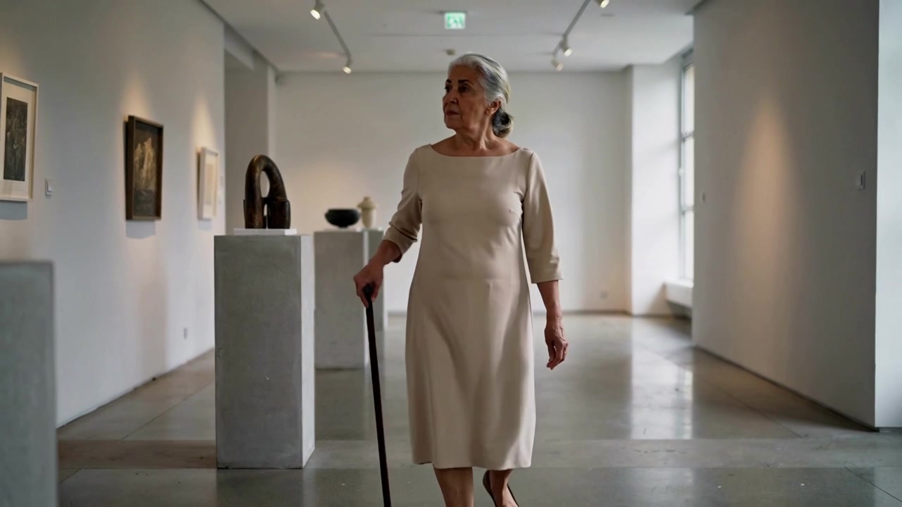 Donna che cammina con un vestito beige, usando un bastone, dopo una pausa, osserva dipinti oltre i piedistalli in una galleria.
