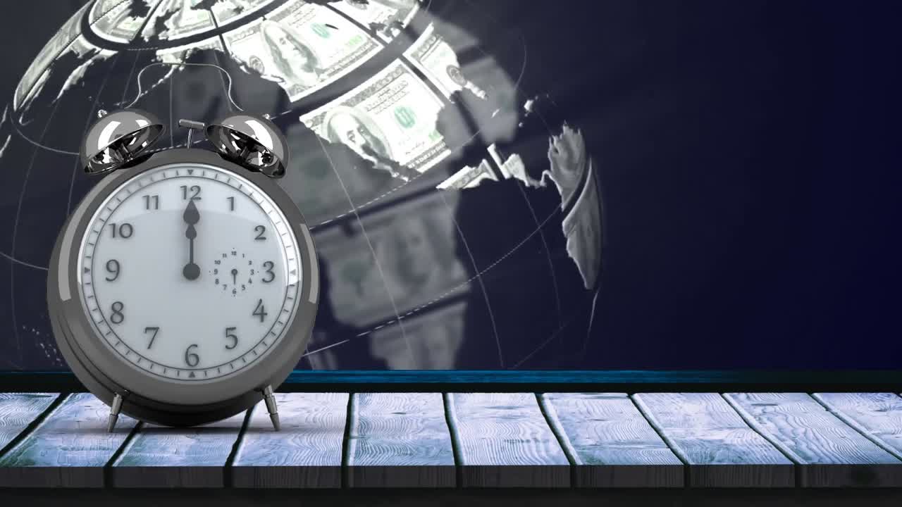 Animation of vintage alarm clock moving fast and ringing over spinning globe on blue background