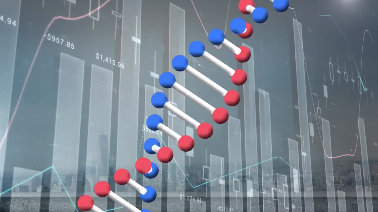 도시 풍경 위의 dna 가닥 스피닝, 통계 및 데이터 처리 애니메이션