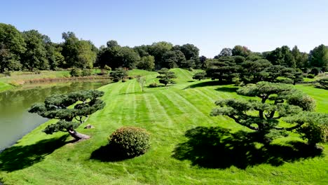 High-resolution-4K-beautiful-drone-aerial-panoramic-Video-of-the-famous-Chicago-Botanical-Gardens-during-a-sunny-beautiful-day--USA