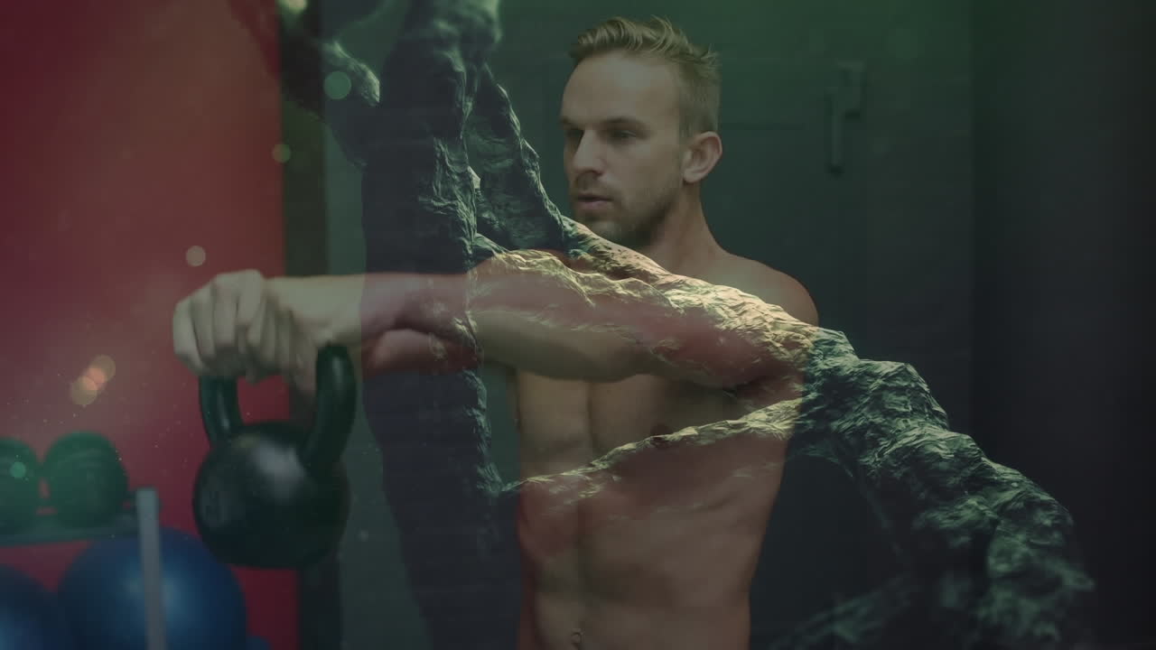 근육을 가진 남자가 운동하는 dna 가닥의 애니메이션