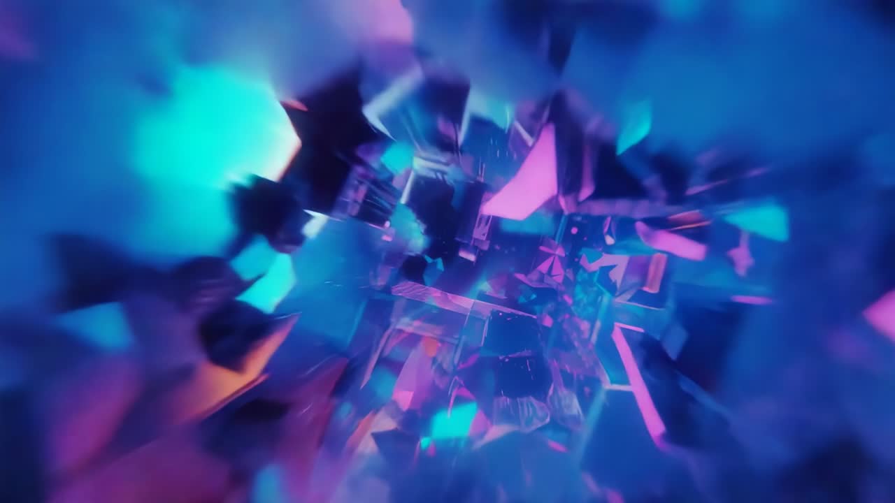 CGI tunnel propelling viewer through neon purple teal cubic fragments blurring into glowing haze