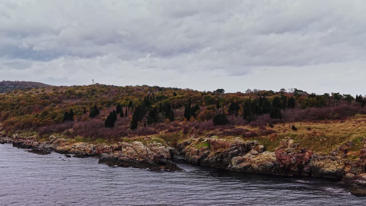 Aerial view of beautiful coastal landscape in Bulgaria at sunset