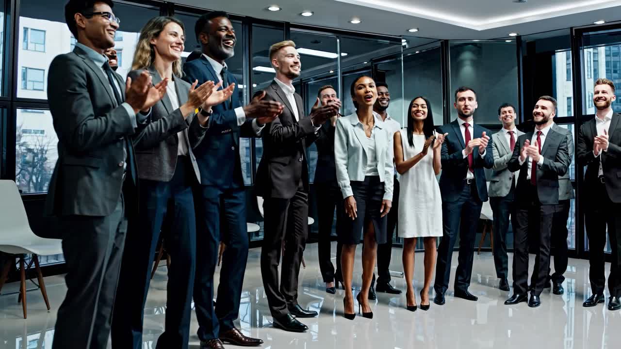 A diverse group of professionals applauding in a modern office