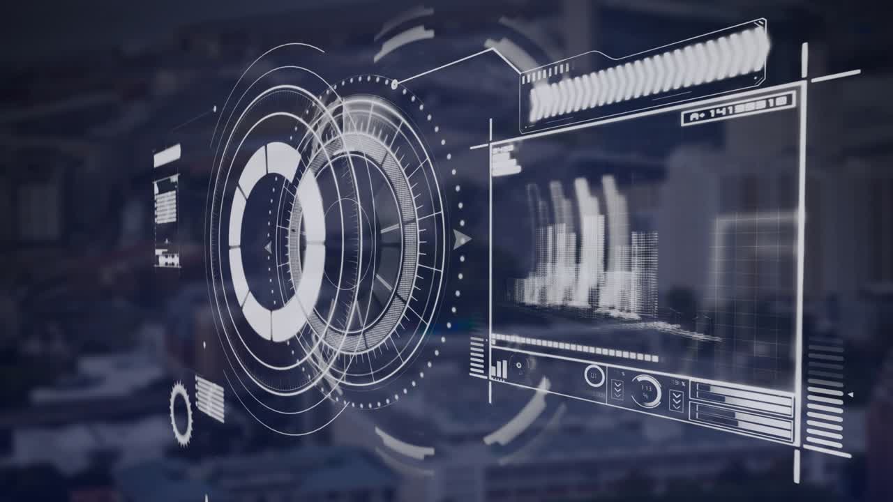 Animation of scope, statistics, data processing over cityscape