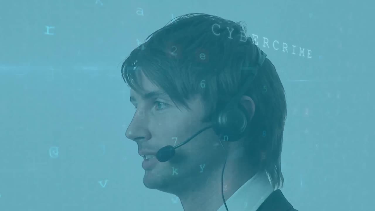 Cyber security data processing over caucasian male customer care executive talking on phone headset