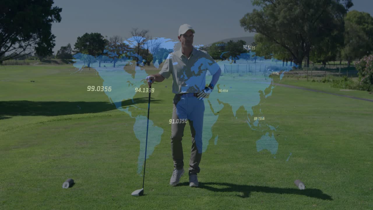 Mature man planting feet at tee while gripping driver and map overlay updating golf metrics