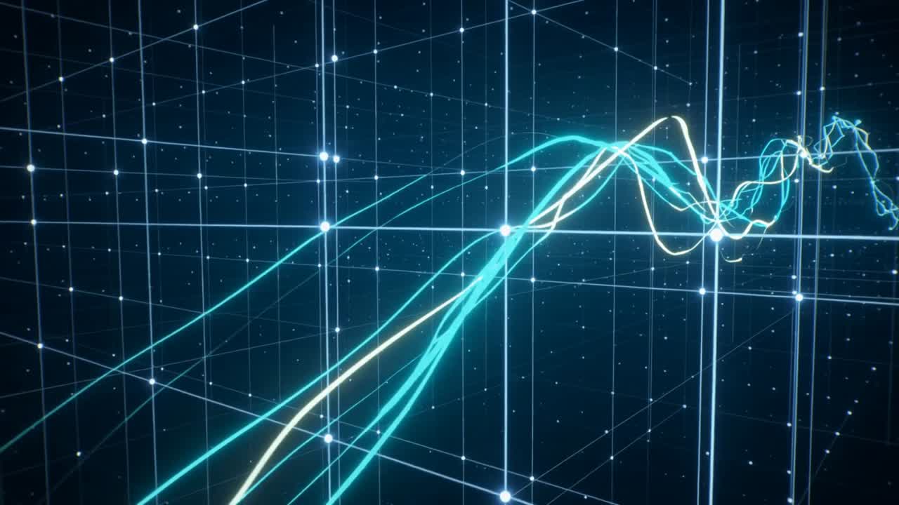 Entering from left luminous ribbons moving right through wireframe grid, passing bright nodes