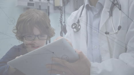 animación de una red de conexiones entre un médico caucásico y un niño paciente utilizando una tableta