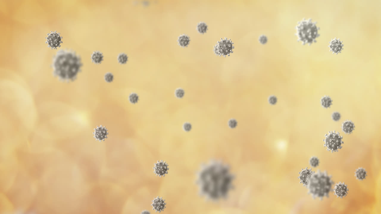 백그라운드에서 노란색 연기 구름 위에 떠다니는 코로나19 세포의 애니메이션