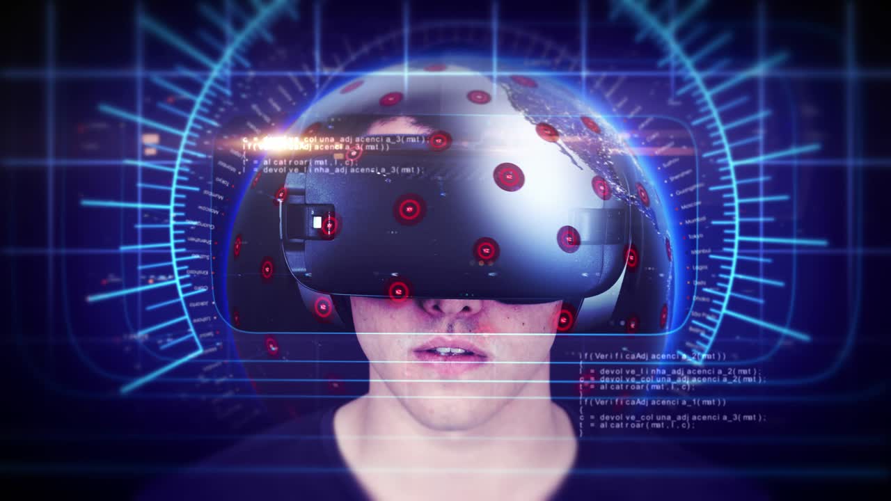 Handsome young man wearing VR headset and experiencing virtual reality. Loop.