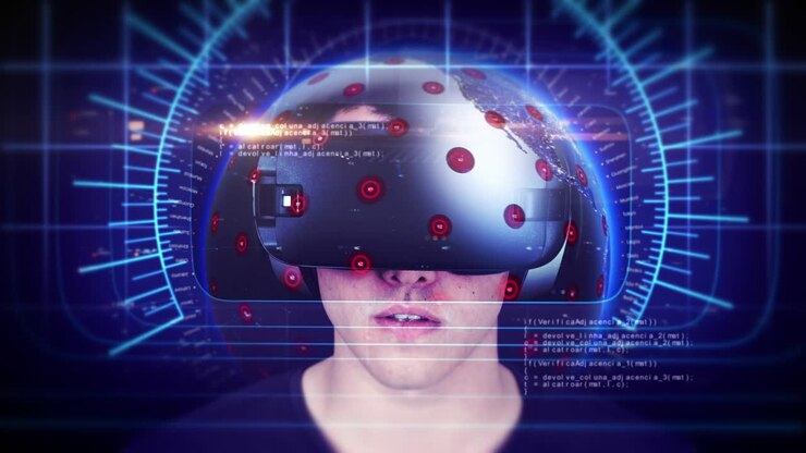Giovane uomo attraente che indossa un visore VR e sperimenta la realtà virtuale. Loop