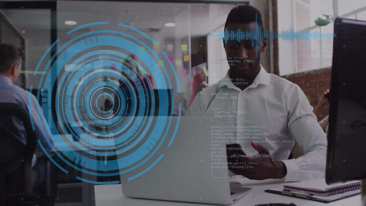 Animation of scope, statistics and data processing over diverse business people in office