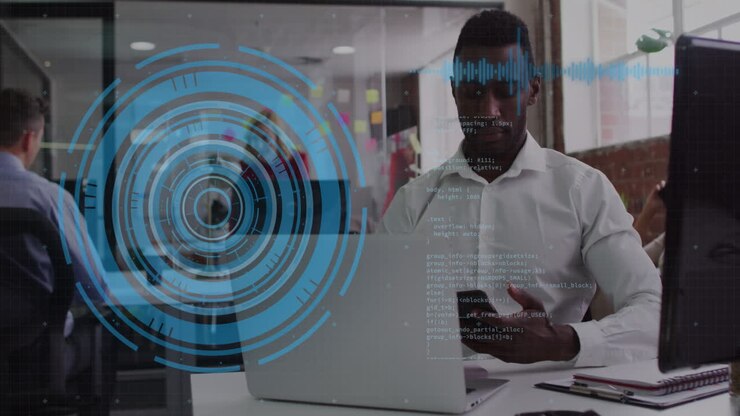 Animation of scope, statistics and data processing over diverse business people in office