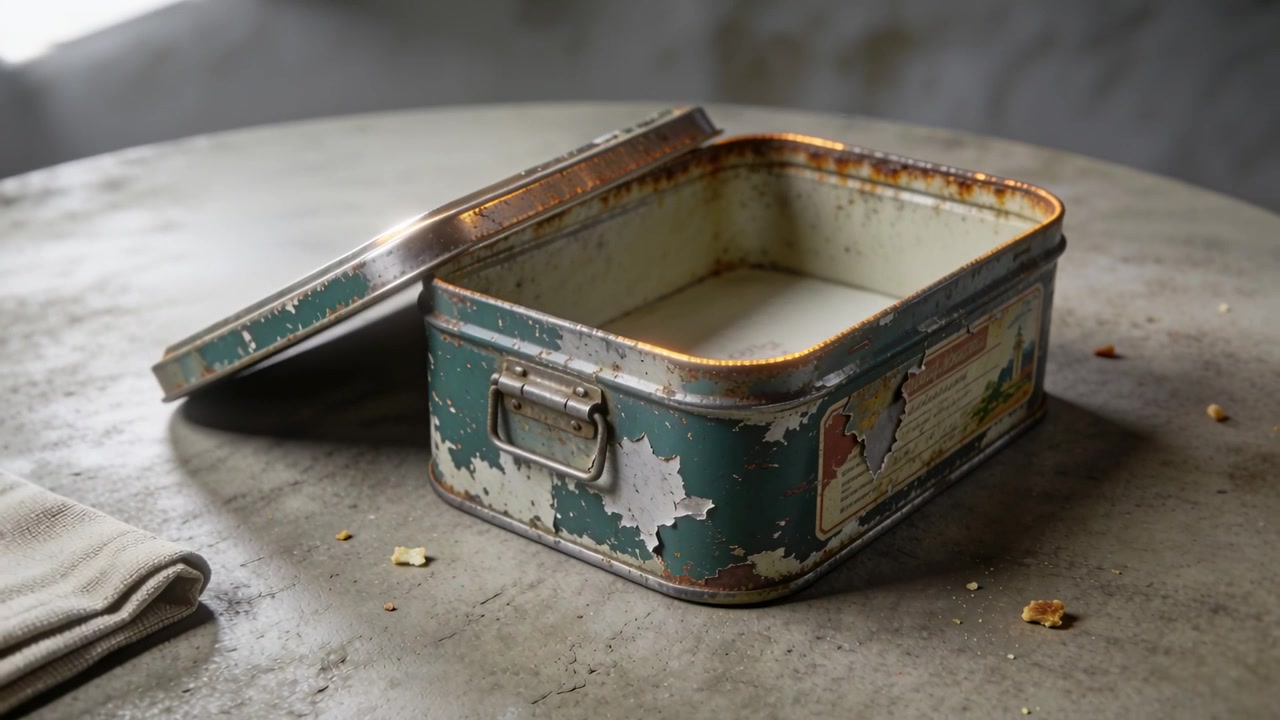Camera pushing in, revealing metal tin with lid open on worn tabletop, cloth, crumbs, textured wall