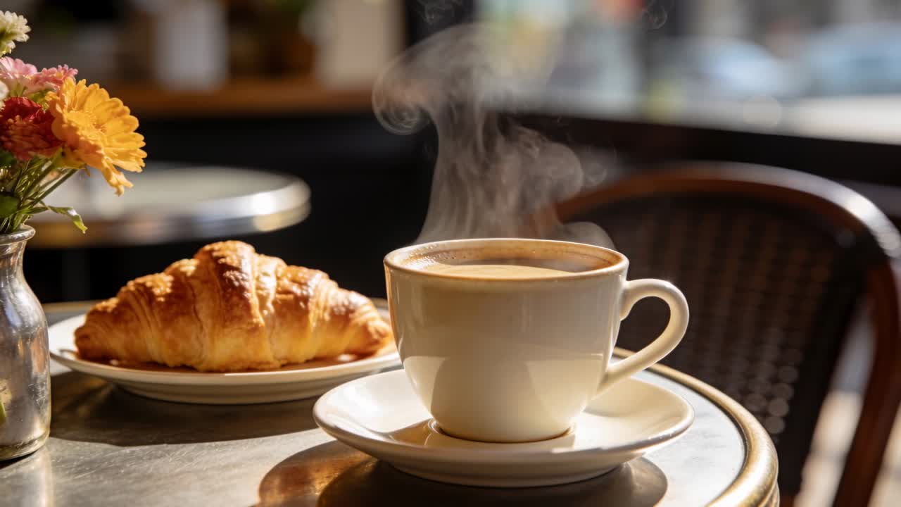 Video verticale: Tazza bianca su tavolo da caffè, caffè che emana vapore che sale e sfuma sopra un croissant