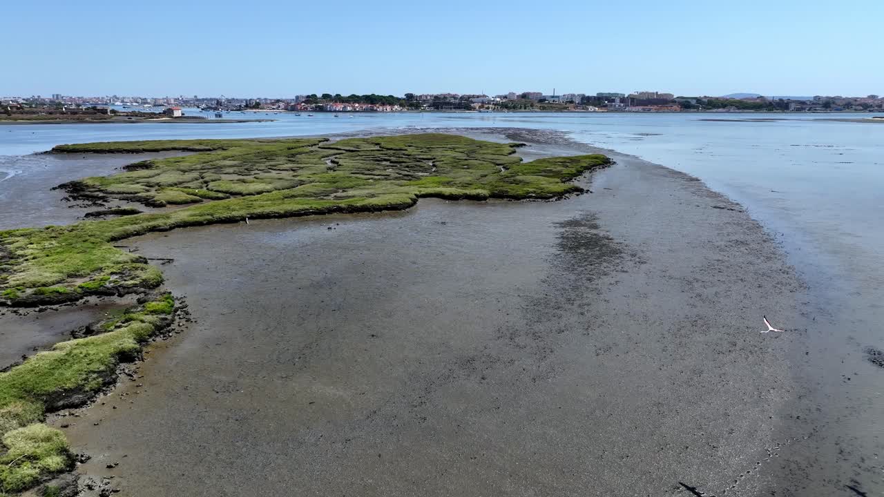 un avión no tripulado volando bajo sobre el agua y la isla de las aves cerca de corrois y seixal, al sur de lisboa