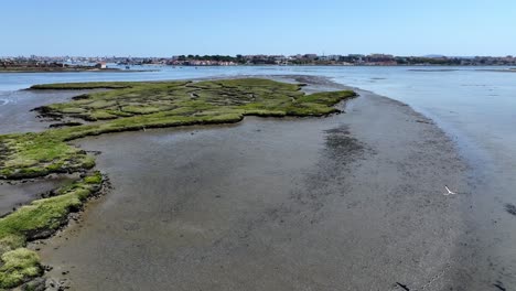 Drone-shot-flying-low-over-water-and-birds-island-near-corrois-and-seixal,-south-of-Lisbon