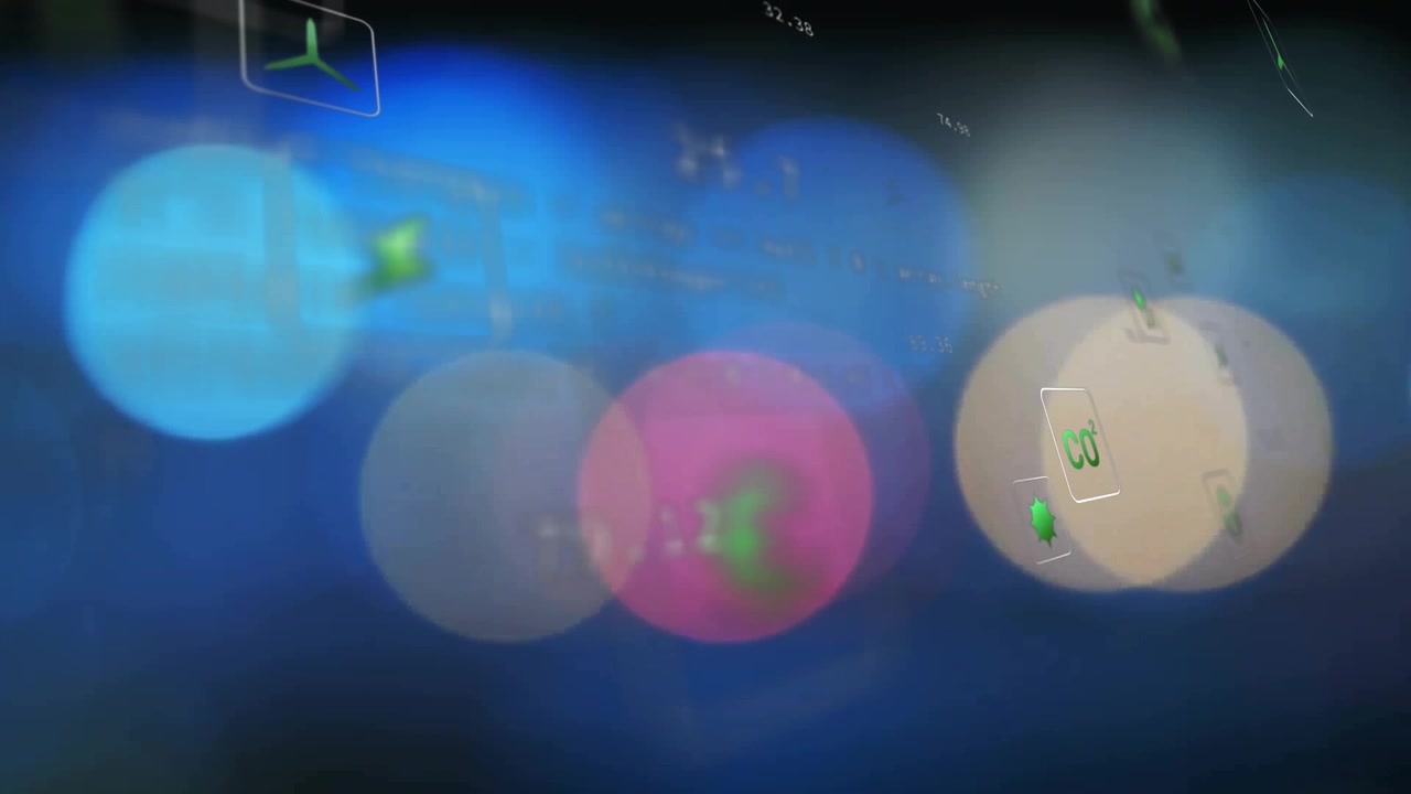 Animation of eco icons data processing over out of focus city lights