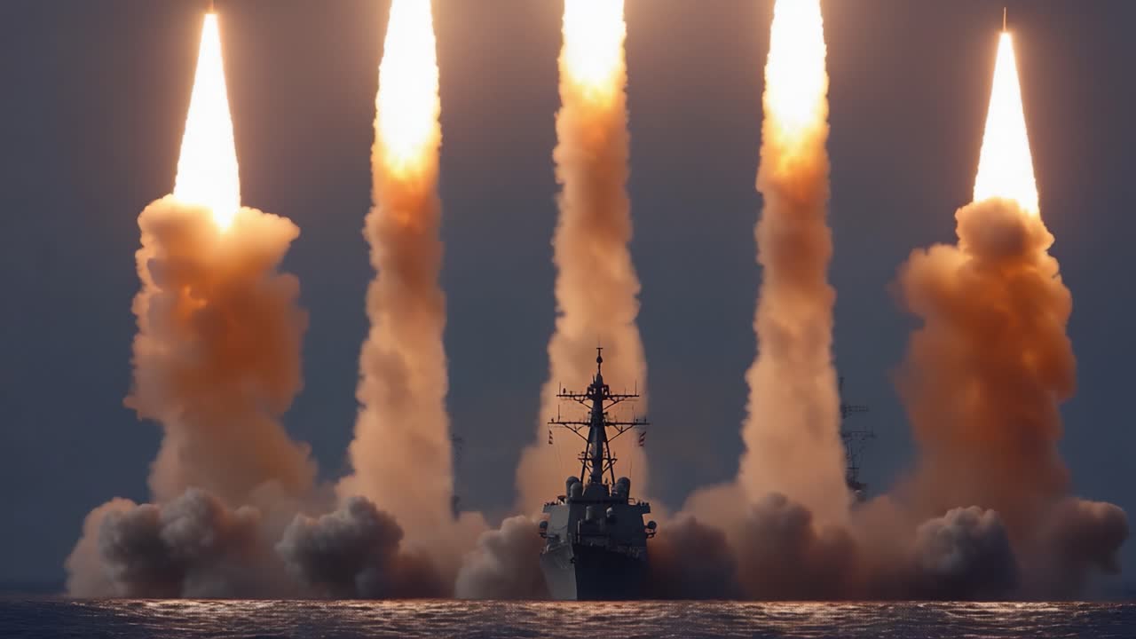 Étonnant déploiement de puissance navale : quatre missiles jaillissent d'un navire de guerre, illuminant l'océan de flammes de haute intensité et de fumée au milieu d'un coucher de soleil dramatique.