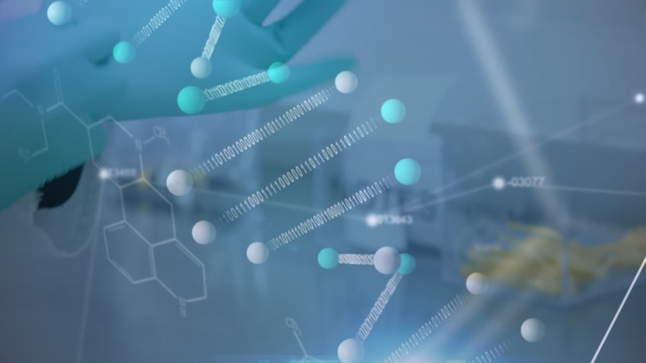 보호 장갑을 착용 한 과학자의 중간 섹션에 대한 의료 데이터 처리