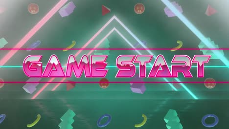 animation of game start text banner over triangle shapes in in seamless pattern and colorful shapes