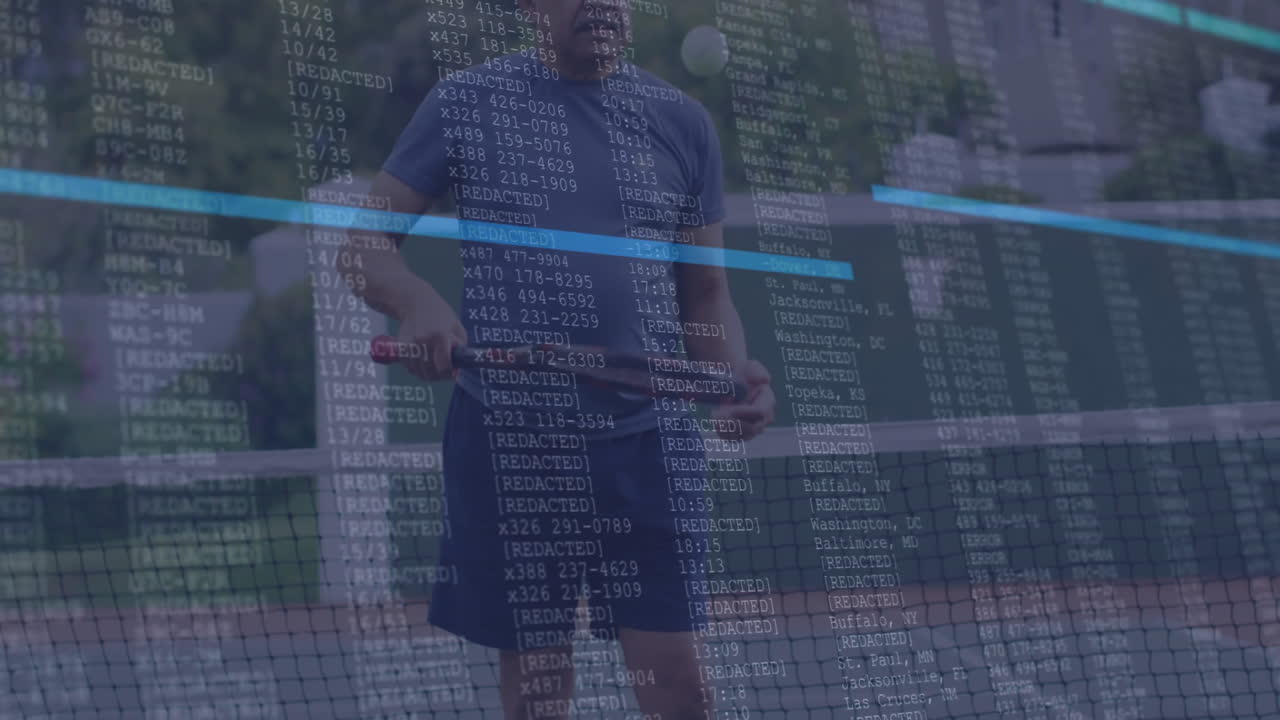 Female tennis player holding racket and ball on court, overlaying code columns in cybersecurity