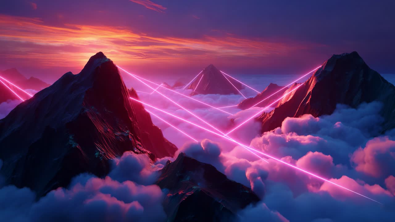 A breathtaking mountain landscape captured during twilight, adorned with striking pink laser beams cutting through thick clouds, creating a surreal and vibrant atmosphere that mesmerizes the viewer