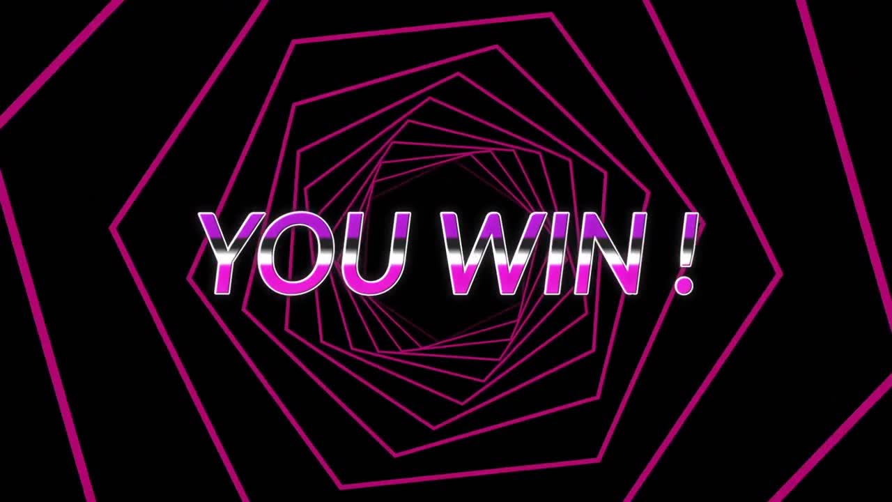 검은색 배경에서 원활하게 회전하는 분홍색 육각형에 대한 보라색 레벨 업 텍스트