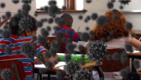 animation of coronavirus cells over schoolchildren learning