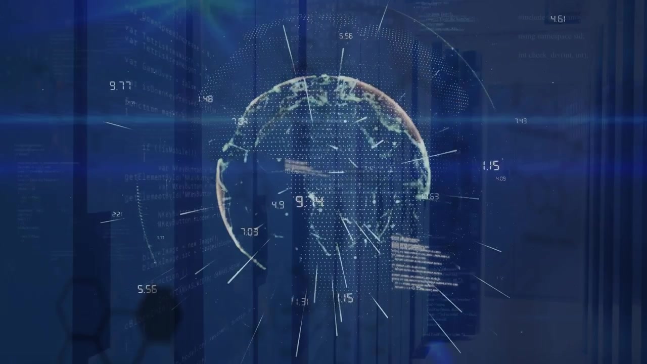 Animazione di linee su un globo, numeri, lens flare e linguaggio di programmazione su una sala server